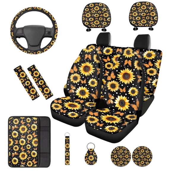 Binienty 14 PCS Sunflower Car Seat Covers Full Set with Armrest Covers Washable Cloth Elastic Steering Wheel Cover Headrest Cover Seat Belt Pads Universal Fit Automotive Interior Accessories
