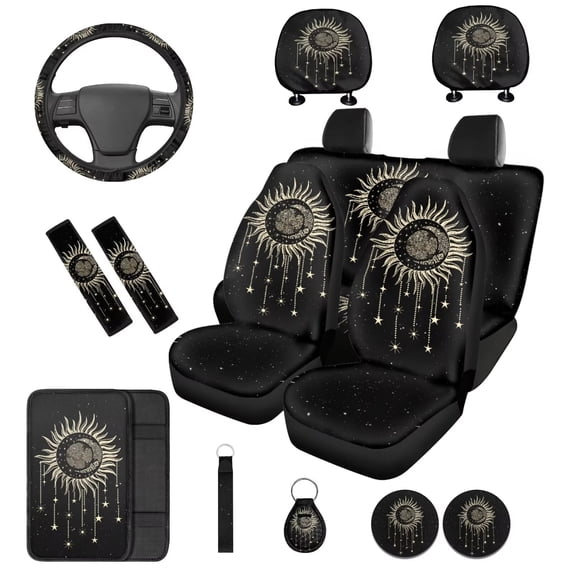 Binienty 14 Pack Boho Sun and Moon Auto Seat Covers Front and Rear with 15 Inch Steering Wheel Cover Headrest Covers Seat Belt Pads Armrest Pad Automotive Interior Set