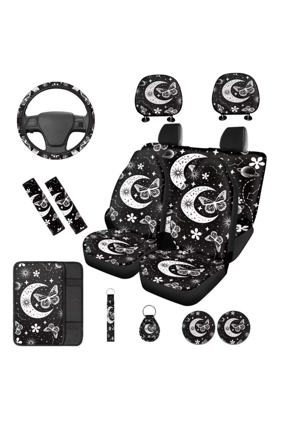 14 Pack Car Seat Covers Front Split Rear Bench Protectors with Armrest Cover Steering Wheel Cover Headrest Covers Seat Belt Pads Universal Vehicle Interior Accessories Set, Gothic Butterfly