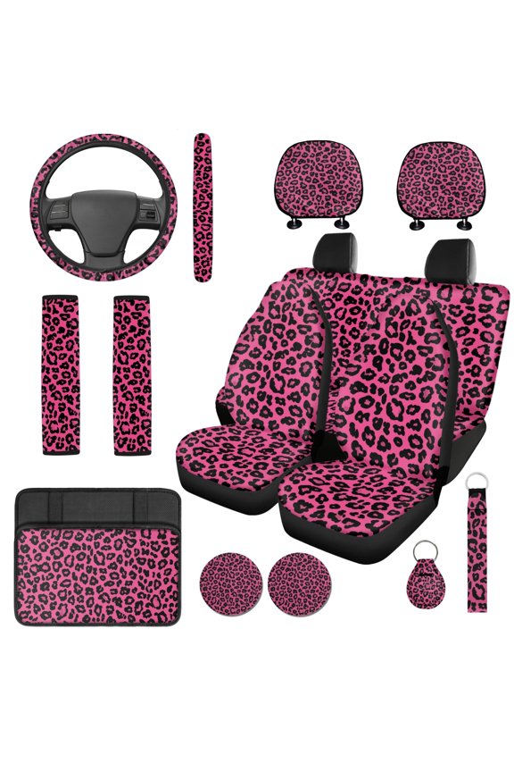 14 Pack Leopard Print Car Seat Covers Front Split Rear with Auto Steering Wheel Cover Armrest Cover Seat Headrest Covers Vehicle Seat Belt Covers Automotive Interior Accessories Set​