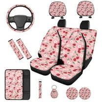 Binienty 14 Pack Pink Cherry Blossom Auto Seat Covers Full Set for Women with Headrest Covers 15 Inch Steering Wheel Cover Seat Belt Pads Armrest Cushion for Automotive Interior Accessories Set
