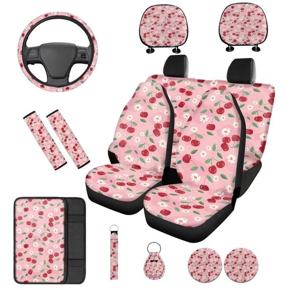 Binienty 14 Pack Pink Cherry Blossom Auto Seat Covers Full Set for Women with Headrest Covers 15 Inch Steering Wheel Cover Seat Belt Pads Armrest Cushion for Automotive Interior Accessories Set