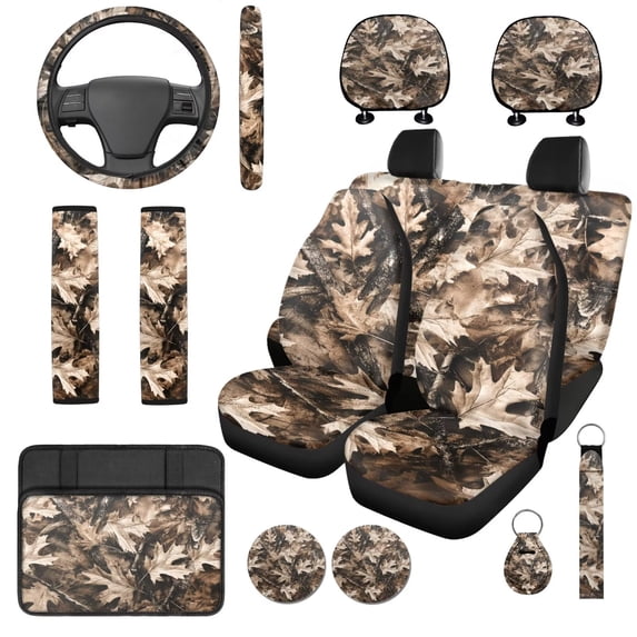 Binienty 14 Piece Branch Hunting Camo Auto Seat Covers Front And Back with Matching Console Armrest Cover Steering Wheel Cover Seat Belt Cushion Pad Headrest Covers Automotive Interior Decor Set