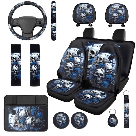 Binienty 14 Piece Car Seat Covers Full Set with Steering Wheel Cover Center Console Cover Seat Headrest Covers Seat Belt Pads Gothic Skull Vehicle Interior Accessories Set for SUV Sedan Truck Van