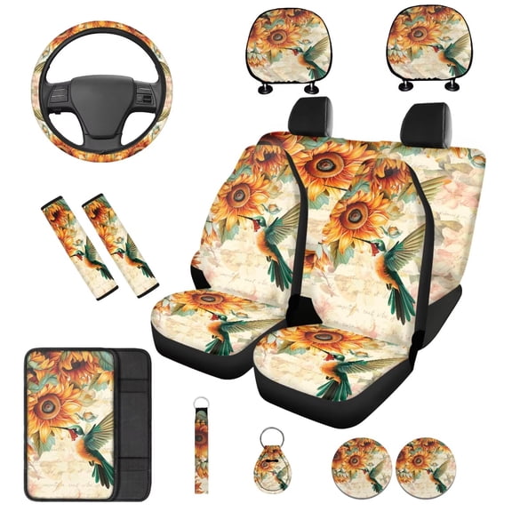 Binienty 14 Pieces Automotive Seat Covers Full Set Sunflower Hummingbird Car Seat Covers Front Rear Bench Protectors Auto Interior Decor Universal Carseat Cover and Stretchy Steering Wheel Cover
