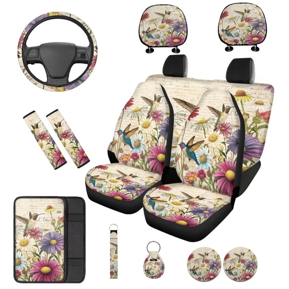 Binienty 14 Pieces Automotive Seat Covers Full Set Vintage Daisy Hummingbird Protective Seat Covers For Auto Seats Breathable Soft Comfy Auto Seats Cover with Steering Wheel Cover, Universal Fit