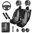 thumbnail image 1 of Binienty 14 Pieces Black American Flag Car Seat Covers Full Set with Steering Wheel Cover Armrest Pad Cup Coasters Keychain for Cars SUV Truck Van Universal Automotive Interior Accessories, 1 of 8