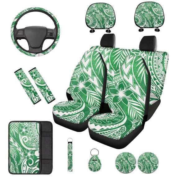 Binienty 14 Pieces Car Seat Covers Full Set Polynesia Hibiscus Automotive Seat Covers with Matching Steering Wheel Cover Seatbelt Pad Keychain Cup Coasters Washable Universal FitCar Interior Decor