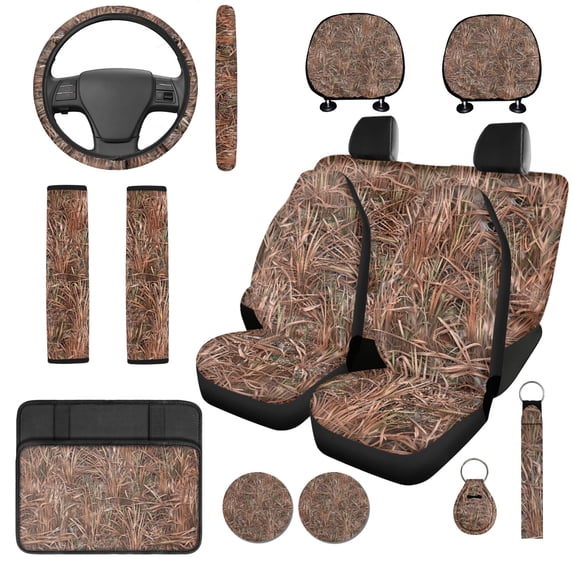 Binienty 14 Pieces Duck Hunting Camo Auto Seat Covers Full Set with Vehicle Armrest Cushion Non-slip Car Seat Belt Shoulder Strap Covers Headrest Covers Coasters Automotive Interior Decor Set