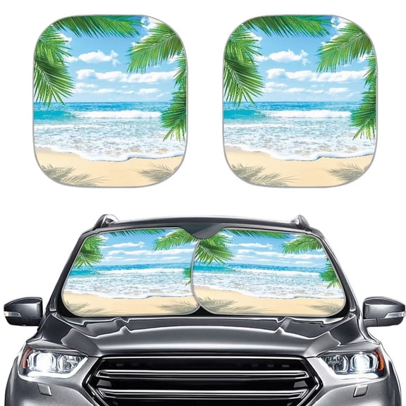 Binienty 2 Piece Auto Sun Shades Front Windshield Foldable Tropical Palm Tree Sunny Beach Car Sun Shade Windshield Universal Fit Auto Outdoor Protective Accessories
