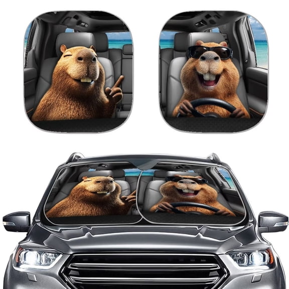 Binienty 2 Piece Car Windshield Sun Shade Foldable Funny Capybara Car Front Window Sun Shades UV Protection Reflective Sunshade Auto Interior Set