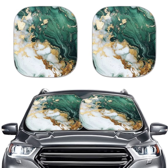 Binienty 2 Piece Car Windshield Sun Shade Green and Gold Marble Foldable Car Sun Visor UV Rays Shade Car Interior Accessories Sun Protection for Vehicles