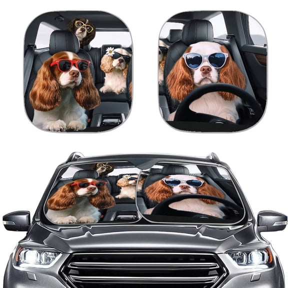 Binienty 2 Piece Sun Shade for Car Windshield Funny Dog Car Front Window Sunshade Cute Foldable UV Rays Blocker Universal Automotive Sun Protection Visors