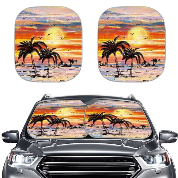 Binienty 2 Pieces Automotive Windshield Sunshades Tropical Palm Tree Sunset Vehicle Front Window Sun Visor UV Ray Reflector Foldable Sun Shield for Auto Truck Van SUV