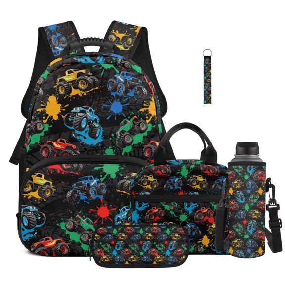Binienty 5 Piece Backpack Set Boys Truck Backpack and Lunch Bag Water Bottle Holder Elementary Middle School Boys Bookbag 17" Insulated Lunch Box Black Pencil Case Back to School Gifts for Students