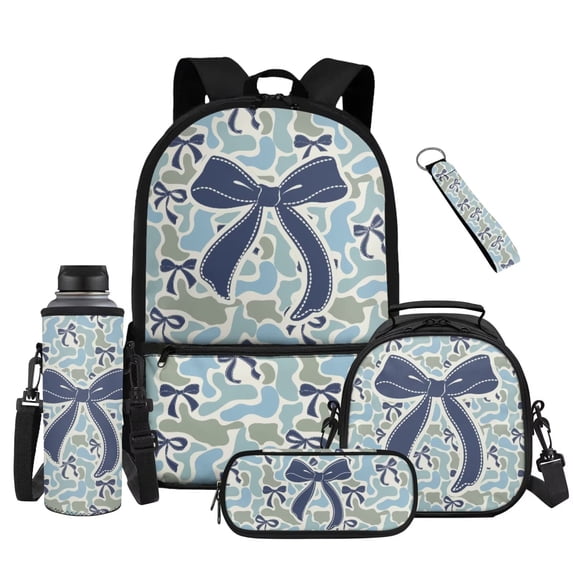 Binienty 5 Piece Kids Backpack Set Duck Camo Bow Bookbag For Girls Elementary School Girls Zipper Book Bag Lunchbox Pencil Box Organizer Keychain Children Back To School Gifts