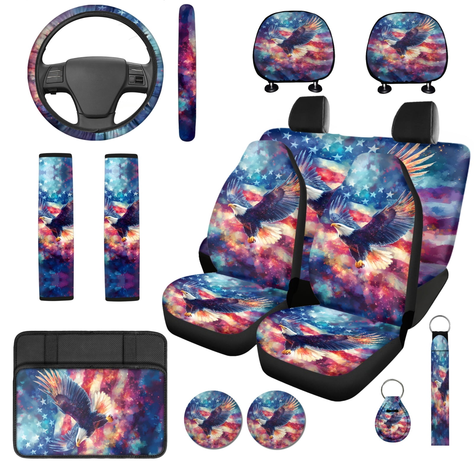 Binienty American Flag Bald Eagle Auto Seat Covers with Matching Automotive Armrest Cover Center Console Cushion Car Seat Belt Shoulder Strap Covers Keychain Vehicle Interior Decor Set​
