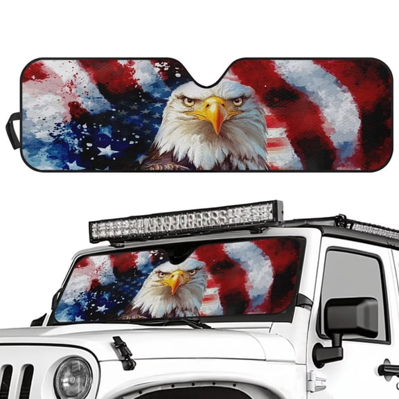 Binienty American Flag Bald Eagle Automotive Window Sunshades for Jeep Wrangler, Gladiator, FJ Cruiser Adjustable Car Sun Protection Visor Reflective Auto Front Windshield Sunvisor 52x16"