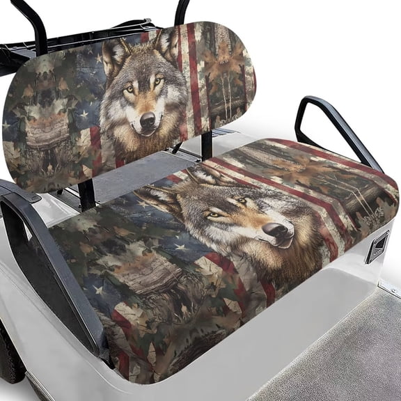 Binienty American Flag Golf Car Seat Covers Kit Wolf Print Golfcart Seat Protector and Backrest Cover Set of 2 Portable Slip On Seat Covers for Golf Carts
