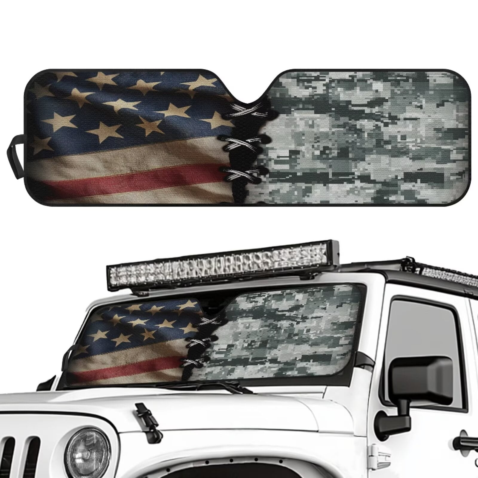 Binienty American Flag Gray Camo Car Sun Shade Windshield for Jeep Wrangler Gladiator FJ Cruiser Folding Sun Shade Windshield Automotive Accessories Interior Protector Heatshield Easy to Install