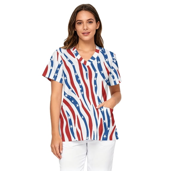 Binienty American Flag Medical Uniform for Women Stretchy V Neck Scrub Top Breathable Short Sleeve Shirts with Pockets