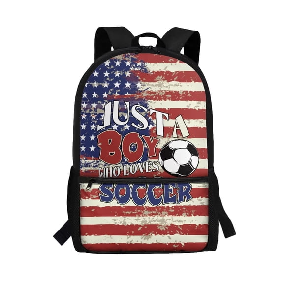 Binienty American Flag Soccer Print 17 Inch School Backpack for Teens, Front Storage Pocket Side Mesh Pockets, Durable Lightweight Bookbag for Daily Use Class Travel Outdoor Activities