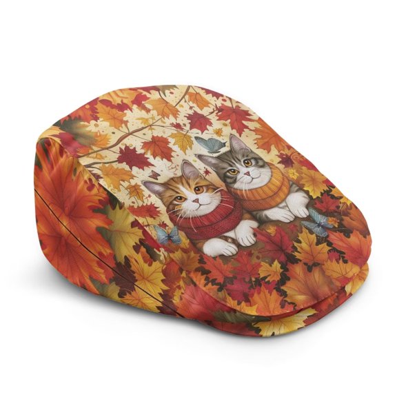 Binienty Autumn Maple Cute Cat Print Newsboy Cap for Men, Adjustable Breathable Soft Irish Gatsby Hat, Lightweight Cabbie Hat for Daily Outings Hiking Fall Themed Parties