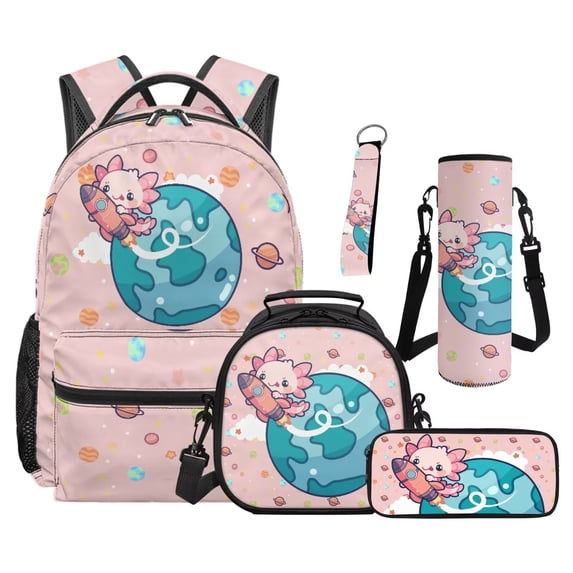 Binienty Axolotl 5-In-1 Kids Backpack Lunch Box Set For Primary School Girls Large Capacity School Bookbag With Kids Lunch Bag Pencil Pouch Water Bottle Sleeve Keychain Children Day Pack