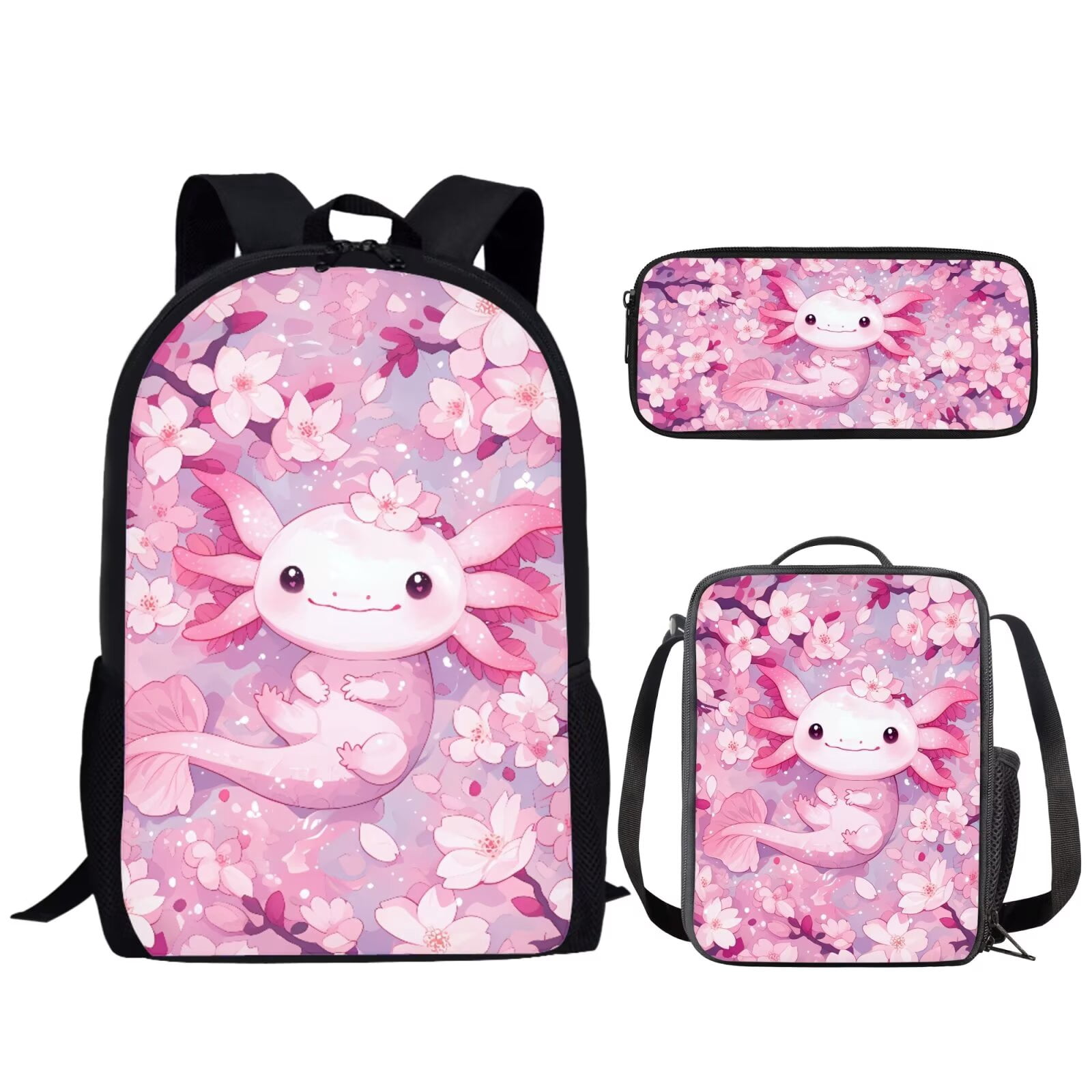 Binienty Axolotl Backpack With Lunch Box And Pencil Case for Girls Cherry Blossom Girls Bookbag Ages 6-8 Pink Schoolbag 17 Inch Kids Back to School Gifts