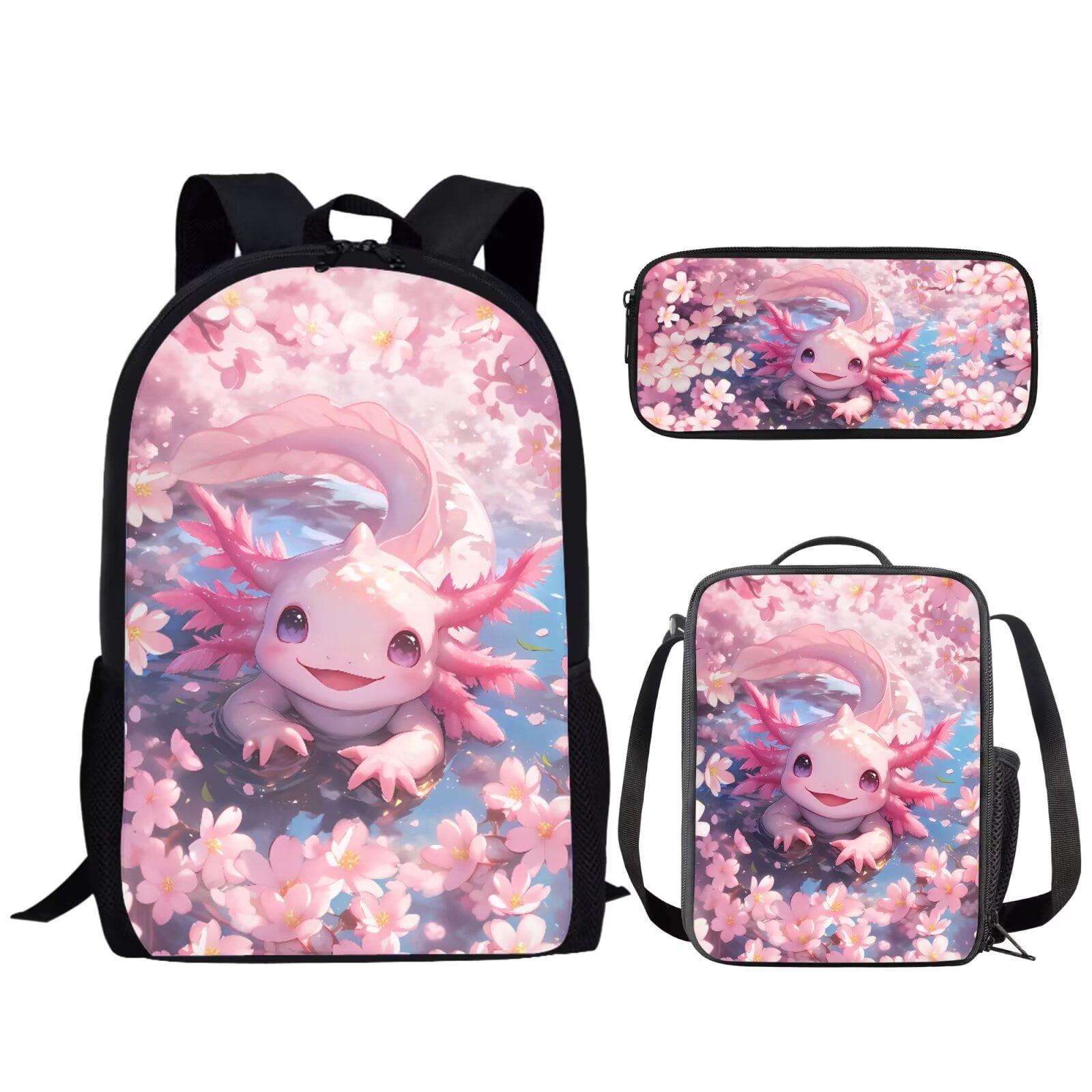 Binienty Axolotl Backpack with Lunchbox and Pencil Case Set for Girls Cherry Blossom School Backpack Kids Preschool Kindergarten Bookbag Set Daypack Back to School Gifts