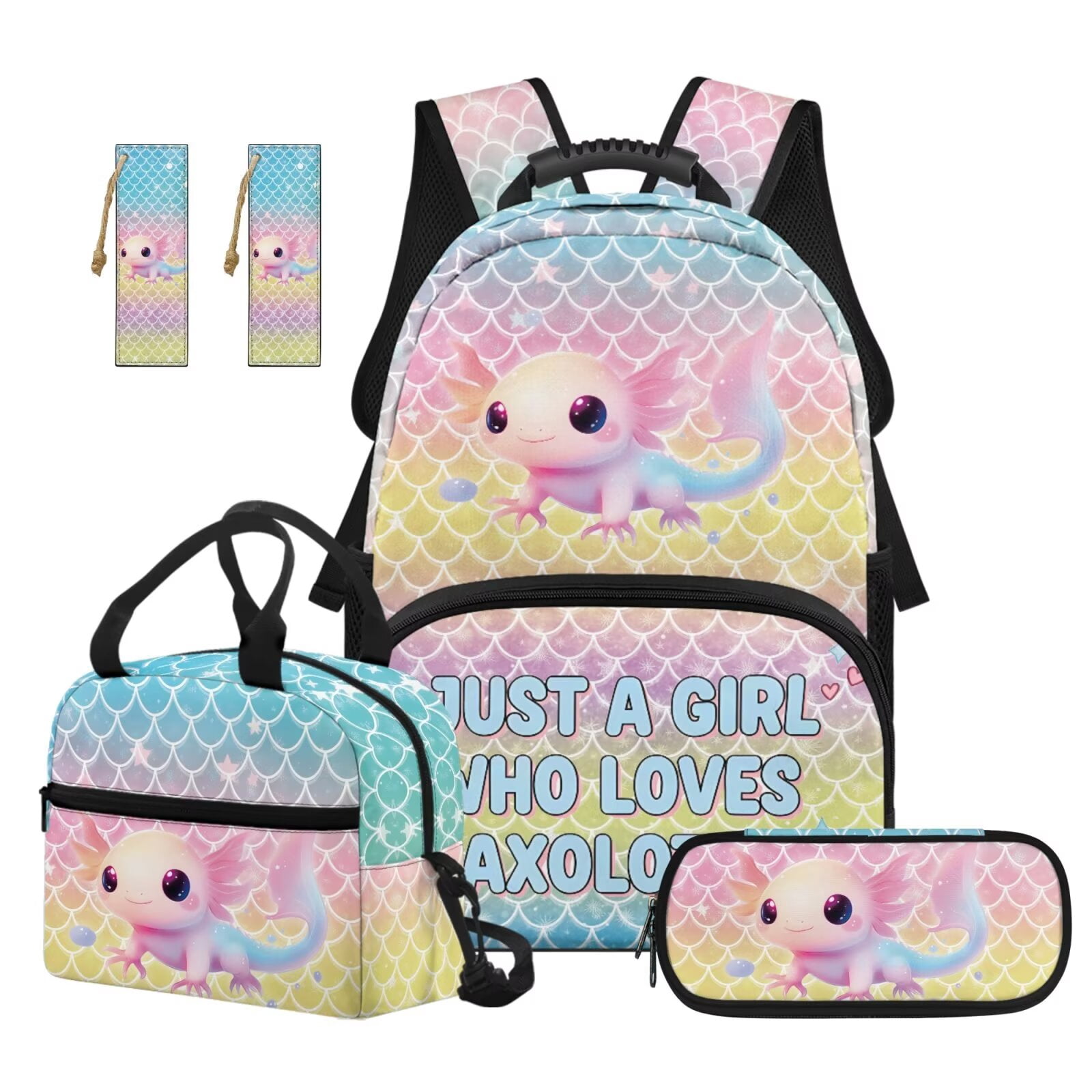 Binienty Axolotl Backpack With Matching Lunch Box Set For 4th Grade Girls Large Capacity School Bag Lunchbox Pencil Box Organizer Bookmark Students School Supplies