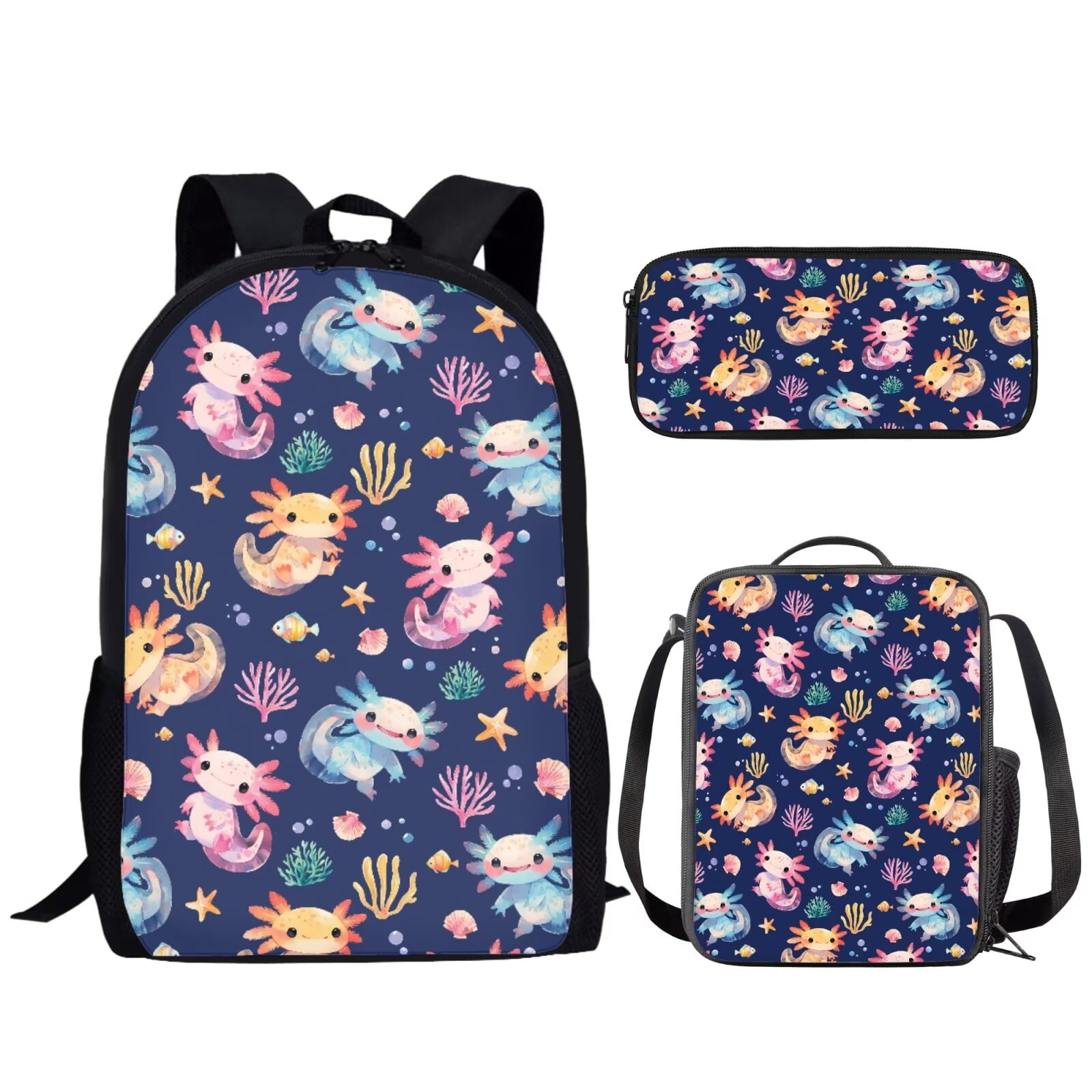 Binienty Axolotl Backpack Student Bookbag for Girls Boys Elementary School 3 Piece Kids Casual Travel Backpack with Lunchbox Pencil Case