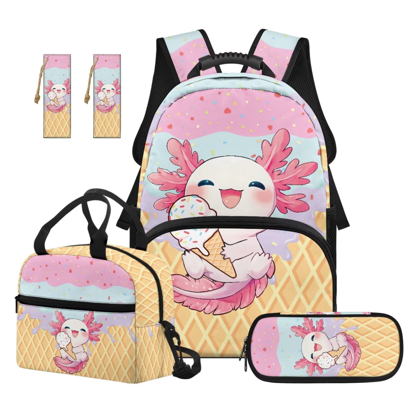 Binienty Axolotl Ice Cream Backpack Set For Girls Elementary School 17 Inch School Backpack With Front Pockets Kids Lunch Bag Pen Case Bookmarks 5 Pieces Kids School Supplies
