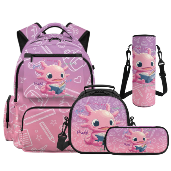 Binienty Axolotl Math Study 4 Piece Bookbag for Teens, Lunch Box Tote Durable Pencil Case with Lightweight Water Bottle Protector Suitable for Daily Use