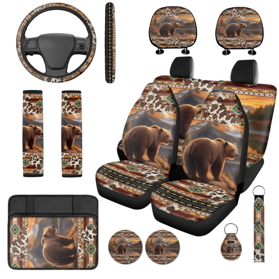 Binienty Aztec Brown Bear Automotive Seat Covers with 15 Inch Steering Wheel Cover Elastic Center Console Cushion Anti-Slip Seat Belt Pads 14 Piece Car Interior Decor Set