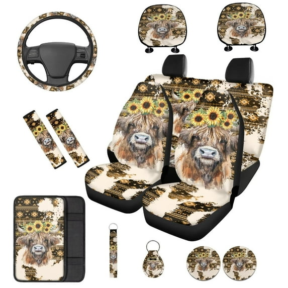 Binienty Aztec Sunflower Cattle Car Seat Covers Front And Back Automotive Seat Covers Full Set With Steering Wheel Cover Shoulder Strap Pads Wristlet Keyring Car Accessories Interior Set