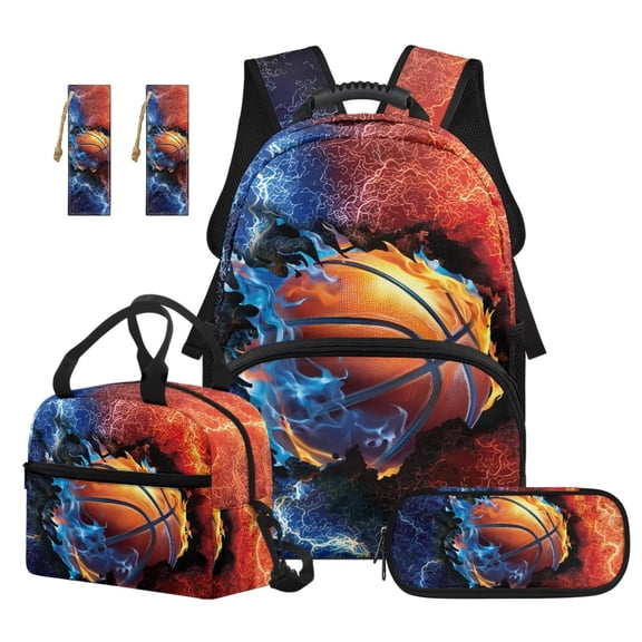 Binienty Basketball Fire Lightning Backpack With Lunch Box And Pencil Case Set For Primary School Boys Zipper Backpack Lunch Box Cute Pencil Pouch Bookmark Back To School Gifts For Students