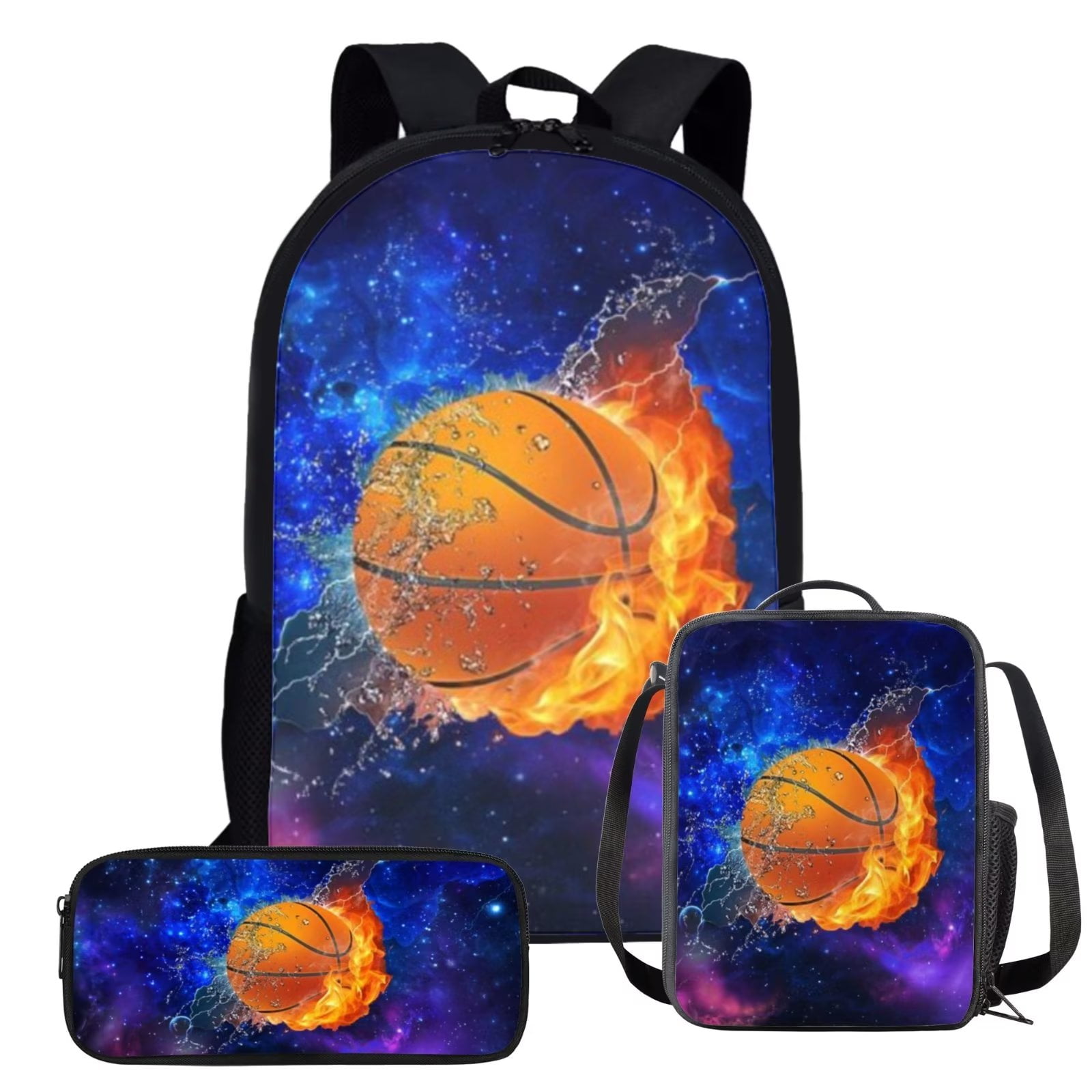 Binienty Basketball School Bag Kids Backpack and Lunch Box Set for Boys Elementary Galaxy Space Bookbag Girls Lunch Bag Cooler Pack Pencil Case