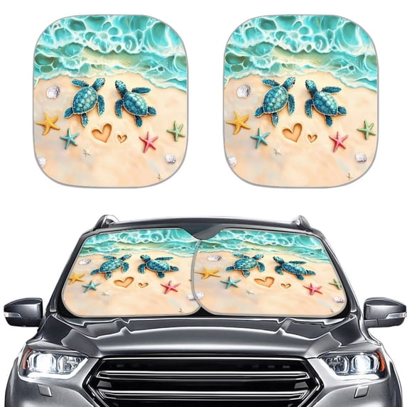 Binienty Beach Sea Turtle Car Windshield Sun Shade Covers Visors Heart Print Auto Front Window Sunscreen UV-Blocking Folding Car Window Sun Blocker Universal for Auto Truck Van SUV 2 Pcs