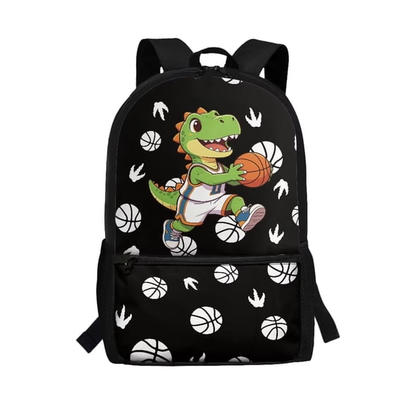 Binienty Black Basketball Dinosaur Kids School Backpack For 6-12 Years Old, Mesh Side Pockets Front Zipper Pocket 17 Inch Large Capacity Bookbag Durable Travel Daypack For Teens