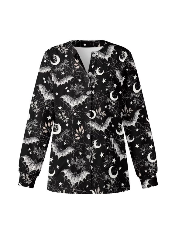 Black Bat Print Women's Long Sleeve Medical Scrub Jacket Breathable Wrinkle Resistant Fabric, Relaxed Fit, Suitable for Hospital Nurses, Dental, Halloween Holiday Medical Workwear