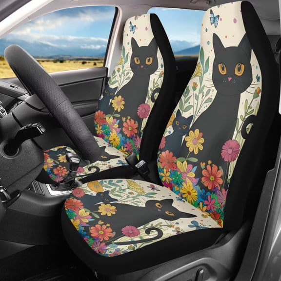 Binienty Black Cat Car Seat Covers Set Floral Non-Slip Auto Seat Protector for Women Men Vehicle Bucket Cushion Auto Decorations Accessories for Cars SUV Truck Vans Sedans, 2 Pack