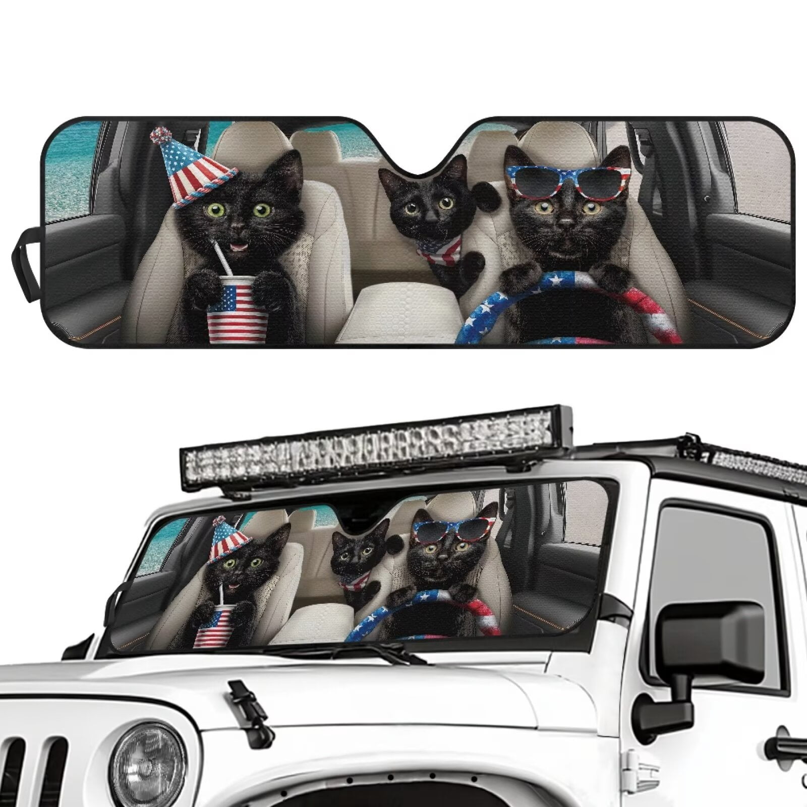 Binienty Black Cat Sun Shade For Car Windshield Universal Car Front Window Sun Shade Compatible with Jeep Wrangler 4xe 2021-2025 Patriotic Automotive Interior Protection Visors