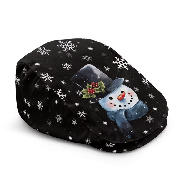Binienty Black Snowman Print Newsboy Cap for Men Adjustable Breathable Soft Irish Gatsby Hat with Holly Decor, Winter Ivy Cabbie Hat for Christmas Holiday Outdoor Activities