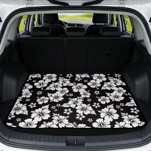 Binienty Black White Hibiscus Print Car Rear Trunk Mat, 29" x 39" Universal Fit Non-Slip Backing Cargo Liner, Durable Stylish Auto Interior Accessory for SUV Sedan Wagon Most