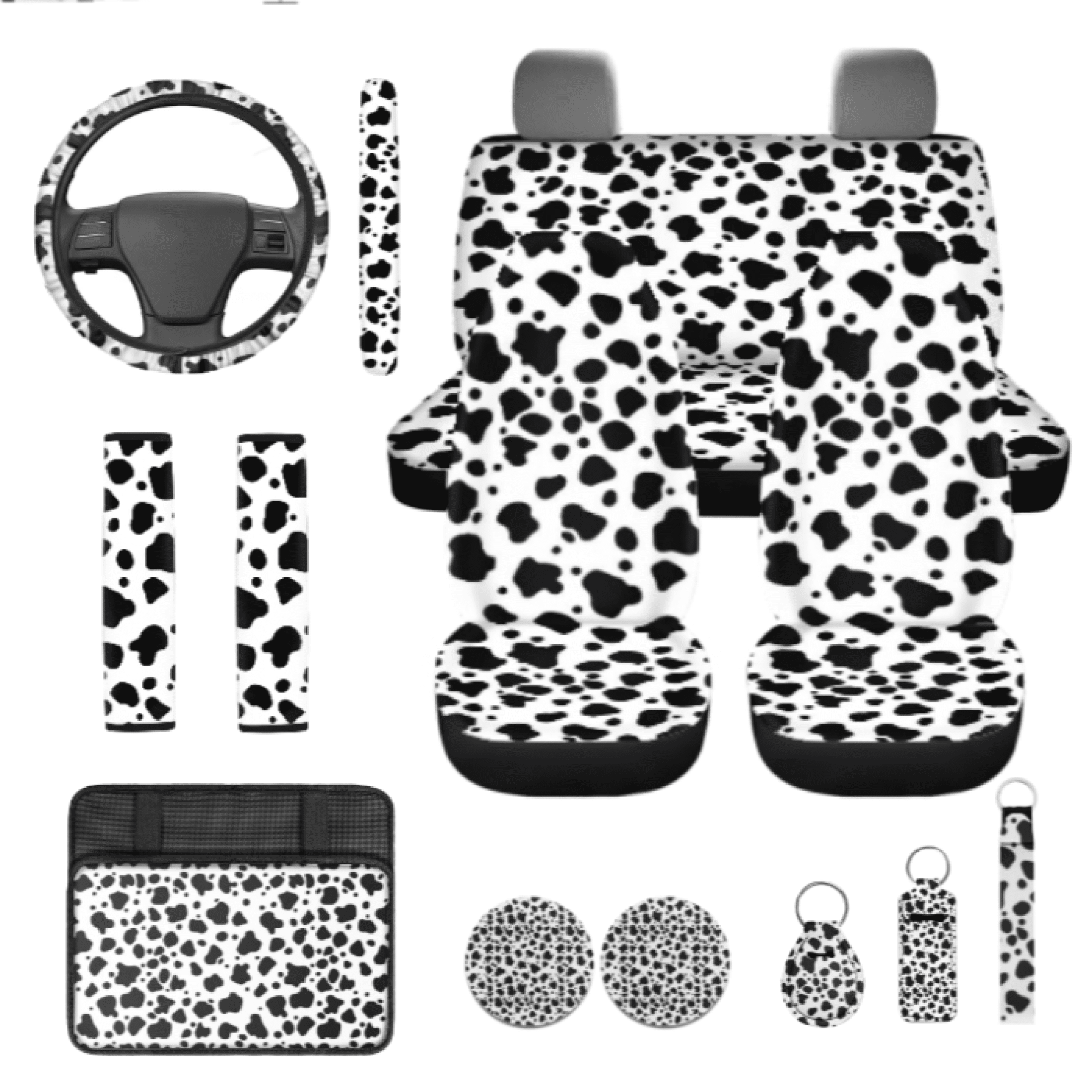 Binienty Black and White Spots Car Seat Cover Full Set, with Keychain Key Ring Car Front Rear Seat Covers Cup Holder Coasters Steering Wheel Cover
