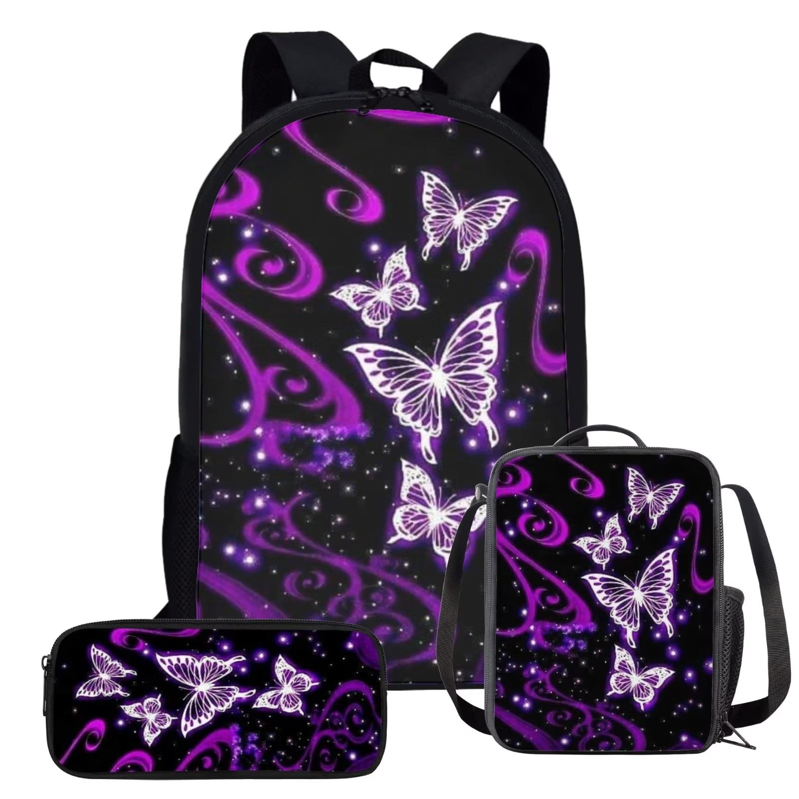 Showudesigns Butterfly Flower Bookbag With Lunch Box for Girls 7-10/10-12  Teen School Bag Middle High School Backpack Pencil Pouch Lunchbag Book Case