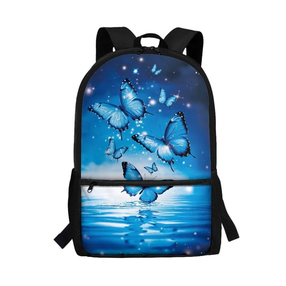 Binienty Blue Butterfly School Backpack for Teens Kids Adjustable Padded Straps Large Front Pocket Durable Water Resistant Bookbag for Daily Commute Travel
