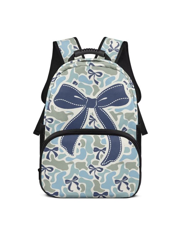 Blue Camo Bow School Backpack for Boys Age 10-12 Heavy Duty 17 Inch Bookbag with Side Pockets Children Back Pack Back to School Gifts for Students