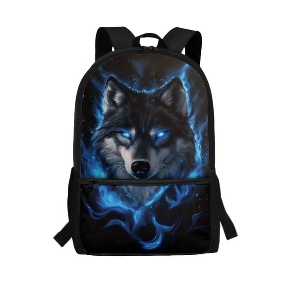 Binienty Blue Flame Wolf 17 Inch School Bookbag for Kids Lightweight Student Backpack With Padded Laptop Compartment Side Mesh Pockets for Primary Middle School Daily Use Travel